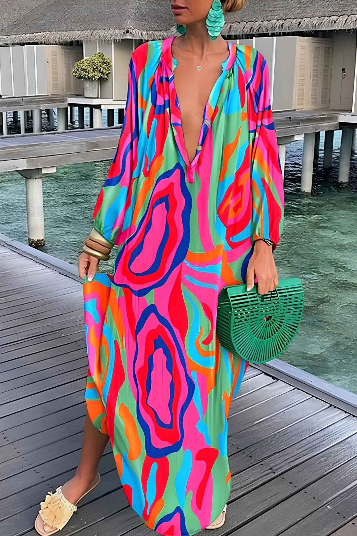 Women's Abstract Print V-Neck Relaxed-Fit Kaftan Maxi Dress - Close-Up Texture & Detail | Lavisa