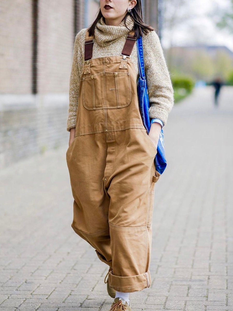 Women's Adjustable-Strap Relaxed-Fit Cotton Bib Overall - Sole & Material View | Lavisa