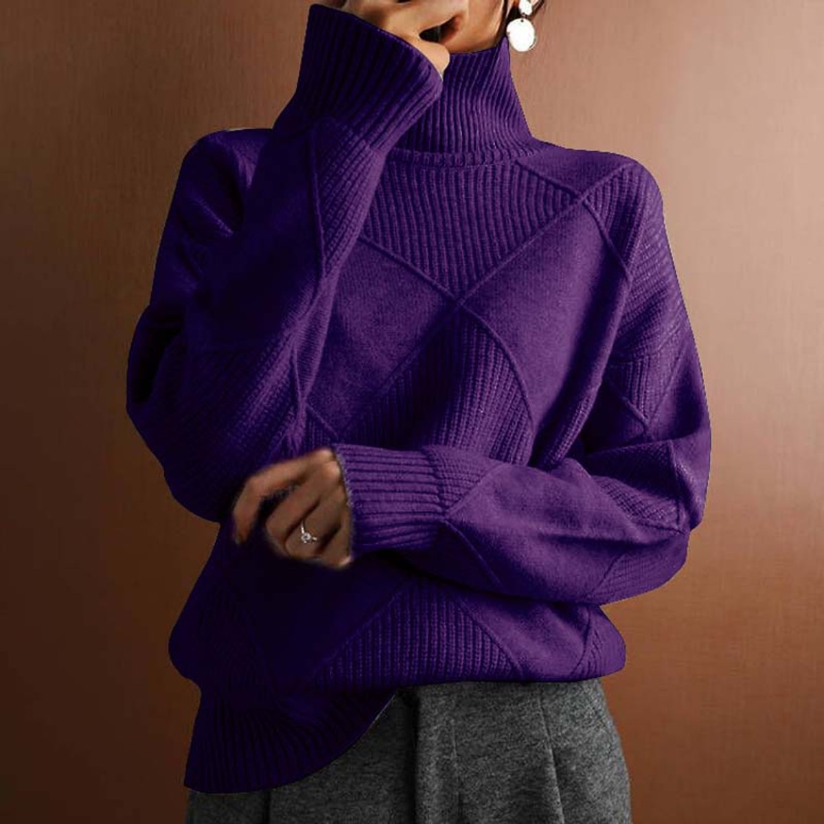 Women's Argyle Knit Turtleneck Sweater - Variant Style 13 | Lavisa