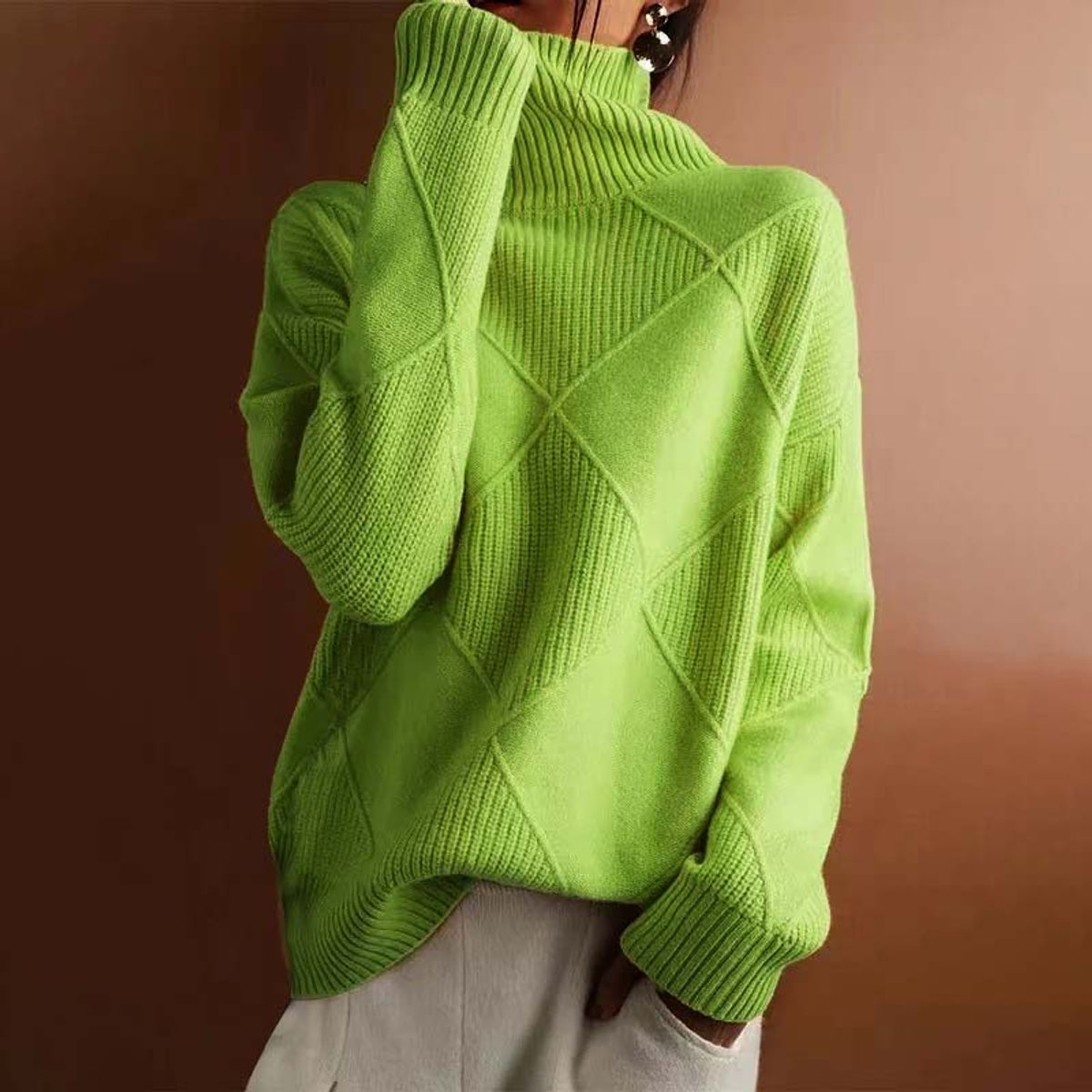 Women's Argyle Knit Turtleneck Sweater - Side Angle | Lavisa