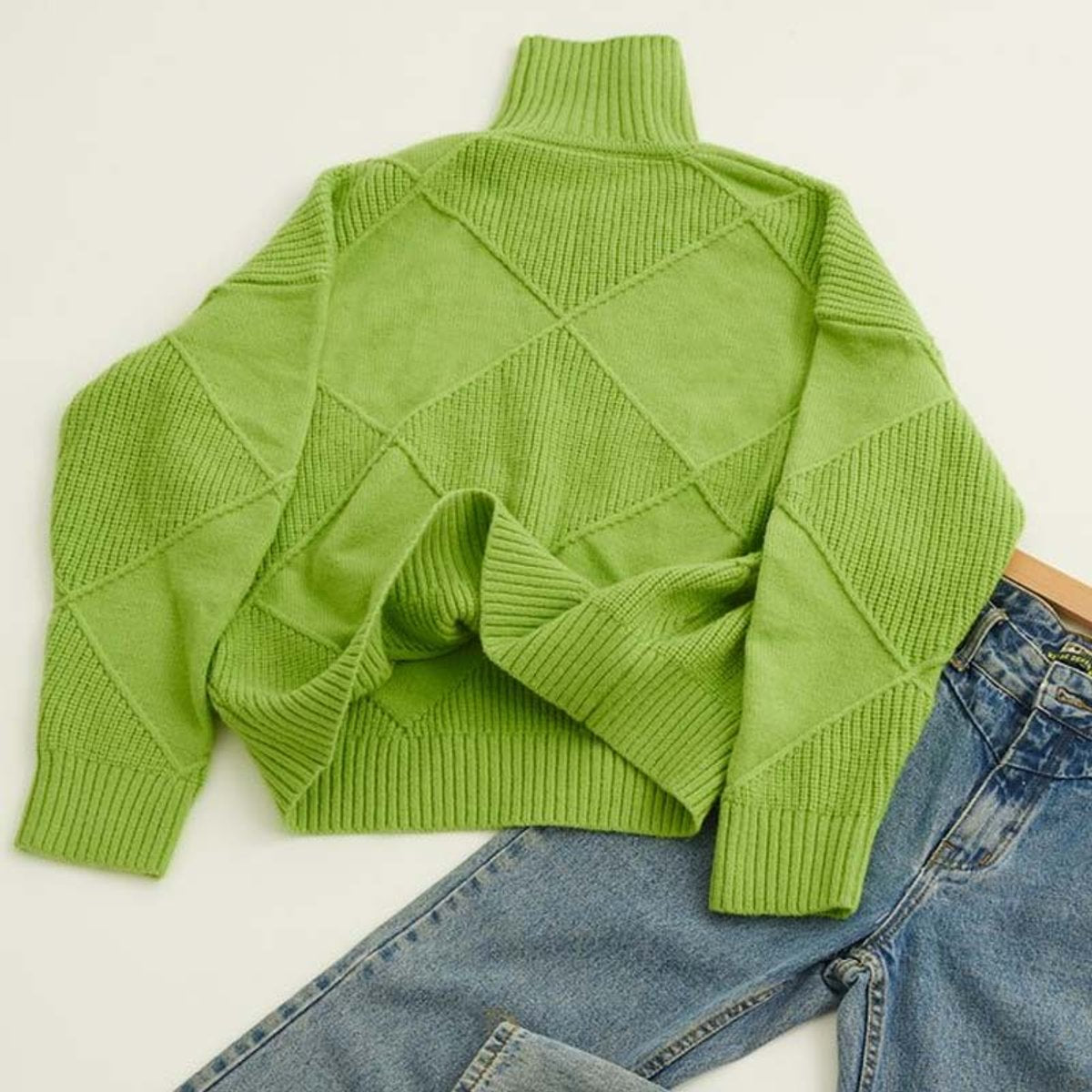 Women's Argyle Knit Turtleneck Sweater - Close-Up Texture & Detail | Lavisa