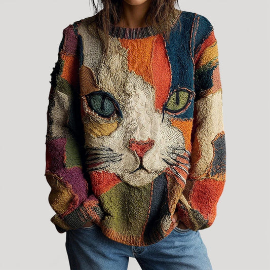 Lavisa - Women's Artistic Cat Print Relaxed Knit Sweater Jumper
