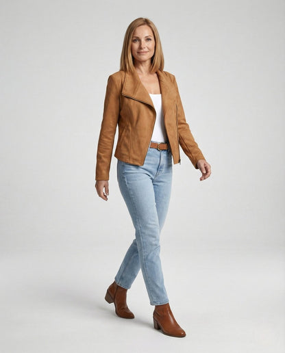 Lavisa - Women's Asymmetric-Zip Suede-Look Biker Leather Jacket