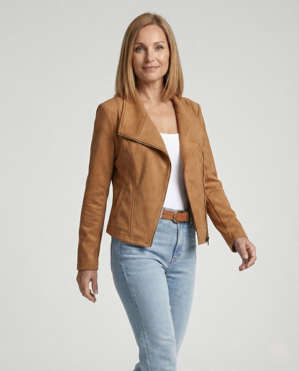 Lavisa - Women's Asymmetric-Zip Suede-Look Biker Leather Jacket