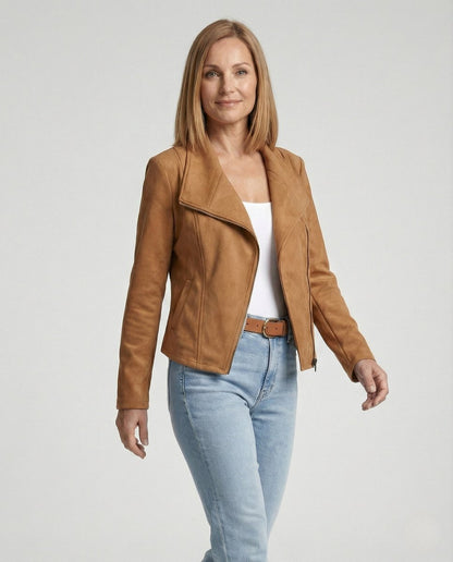 Lavisa - Women's Asymmetric-Zip Suede-Look Biker Leather Jacket