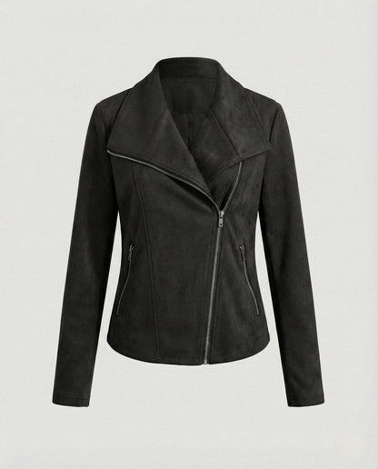 Lavisa - Women's Asymmetric-Zip Suede-Look Biker Leather Jacket