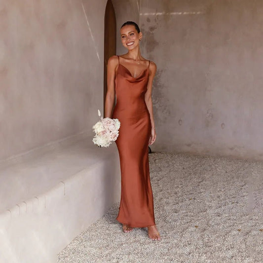 Lavisa - Women's Backless Satin Maxi Dress with High Slit