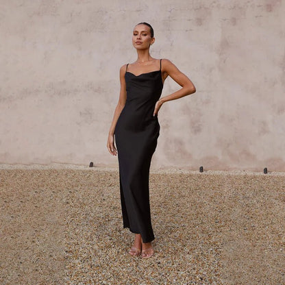 Women's Backless Satin Maxi Dress with High Slit - Side Angle | Lavisa