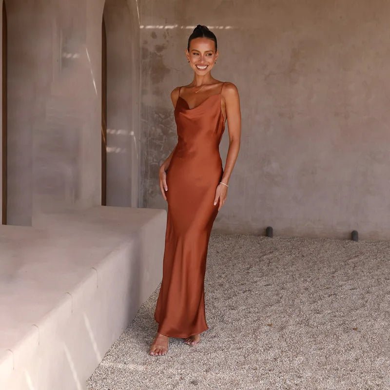 Women's Backless Satin Maxi Dress with High Slit - Sole & Material View | Lavisa