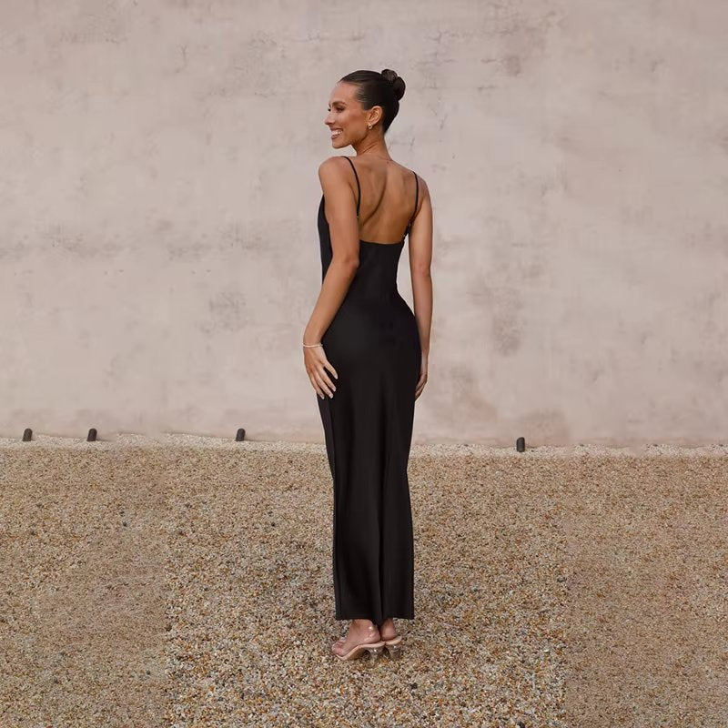 Women's Backless Satin Maxi Dress with High Slit - Lifestyle & Model Angle | Lavisa