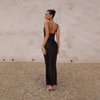 Women's Backless Satin Maxi Dress with High Slit - Lifestyle & Model Angle | Lavisa