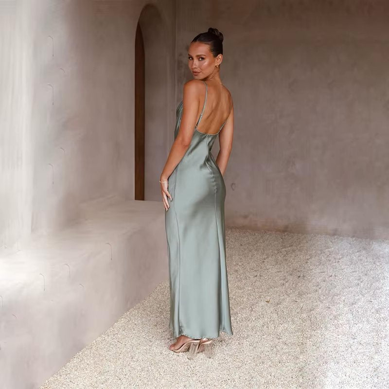 Women's Backless Satin Maxi Dress with High Slit - Variant Angle | Lavisa