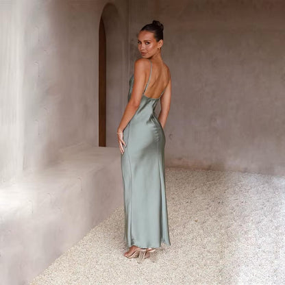 Women's Backless Satin Maxi Dress with High Slit - Variant Angle | Lavisa