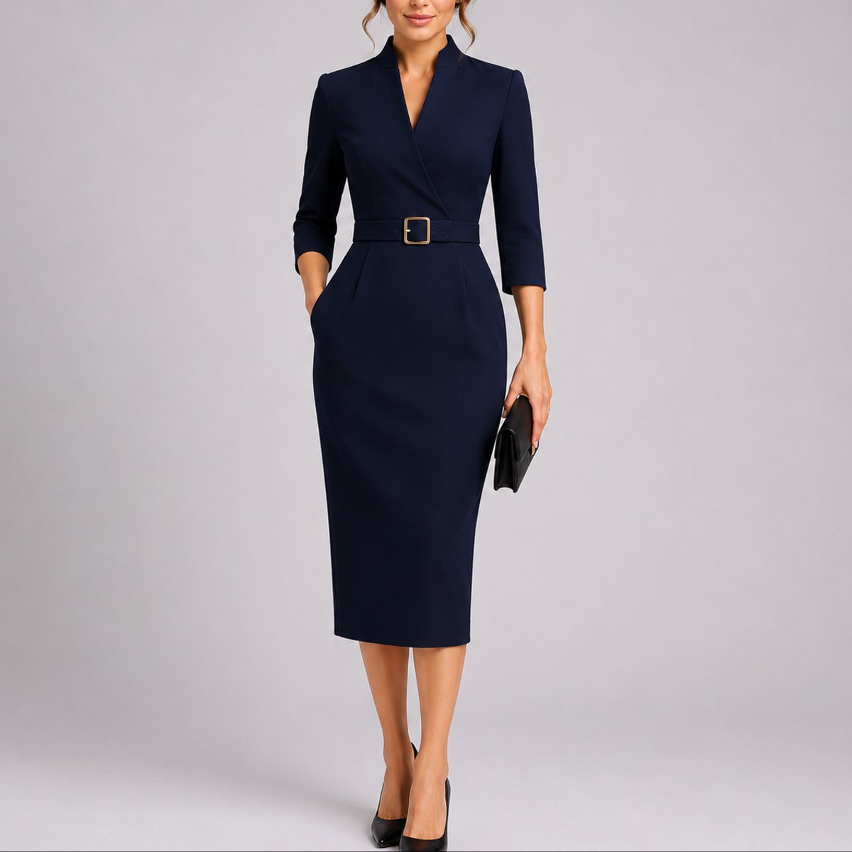 Women's Belted Bodycon Midi Fall Wedding Guest Dress V-Neck - Front View | Lavisa