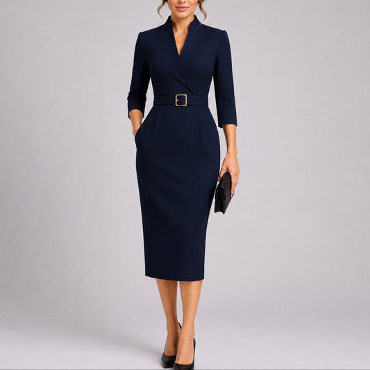Lavisa - Women's Belted Bodycon Midi Fall Wedding Guest Dress V-Neck