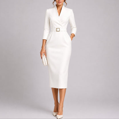 Women's Belted Bodycon Midi Fall Wedding Guest Dress V-Neck - Side Angle | Lavisa
