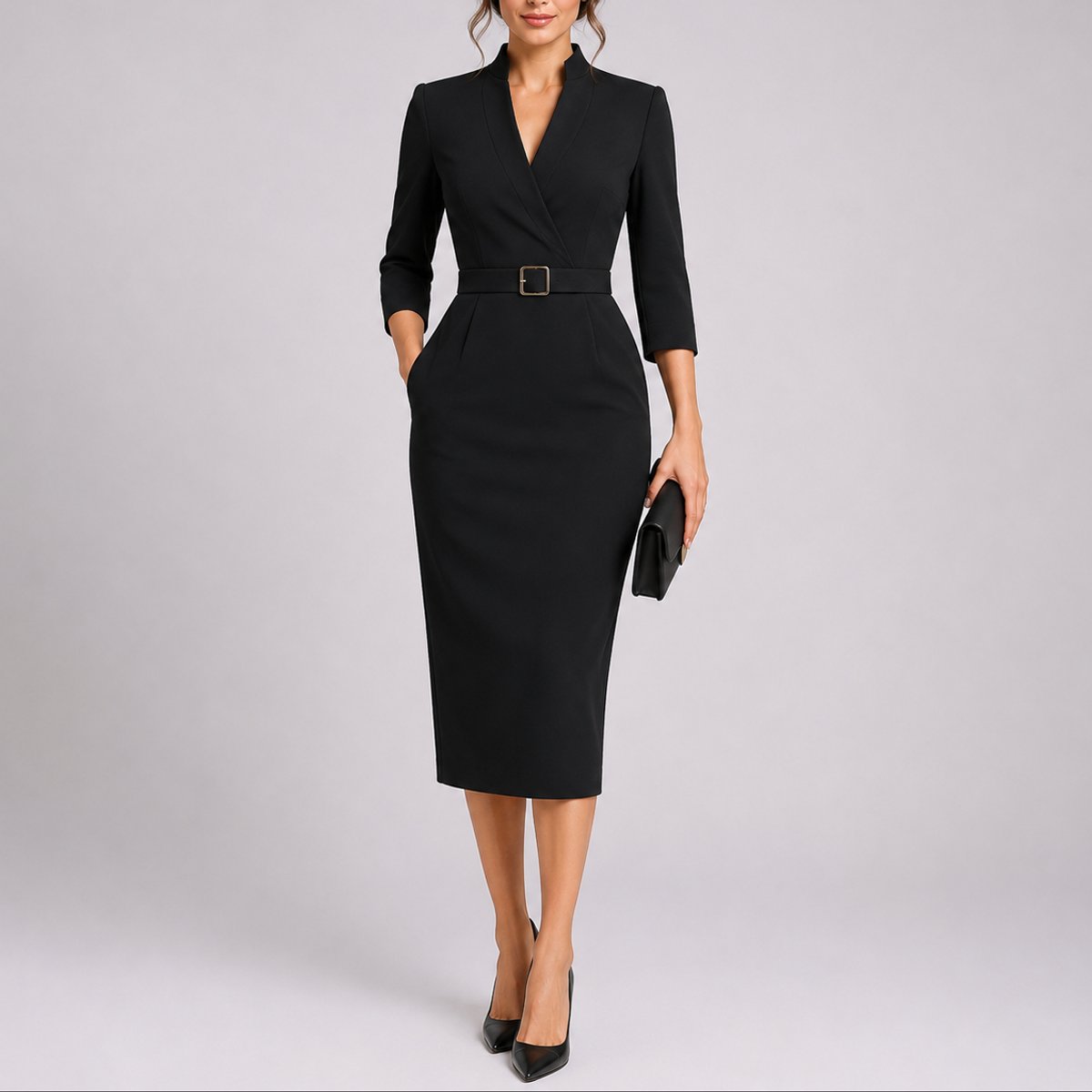 Women's Belted Bodycon Midi Fall Wedding Guest Dress V-Neck - Back View | Lavisa