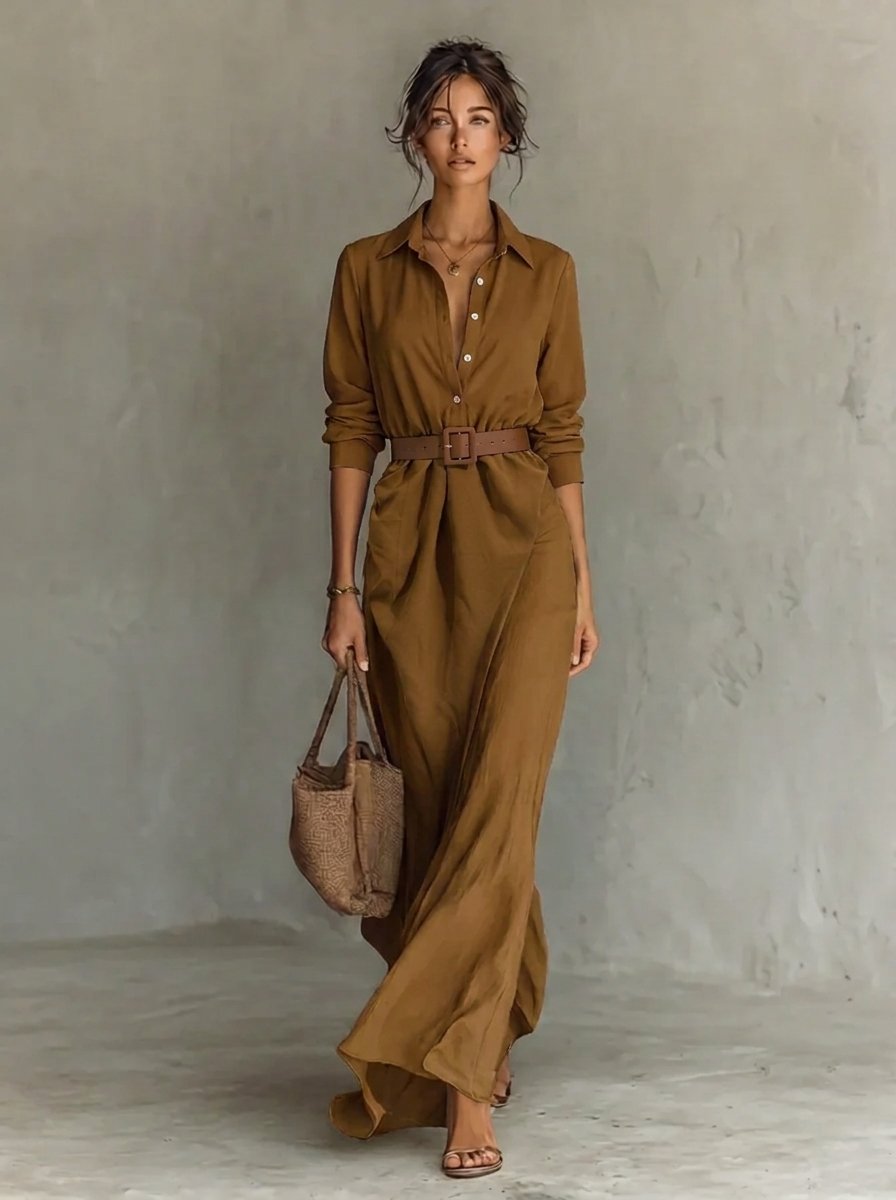 Lavisa - Belted Shirt Collar Maxi Dress