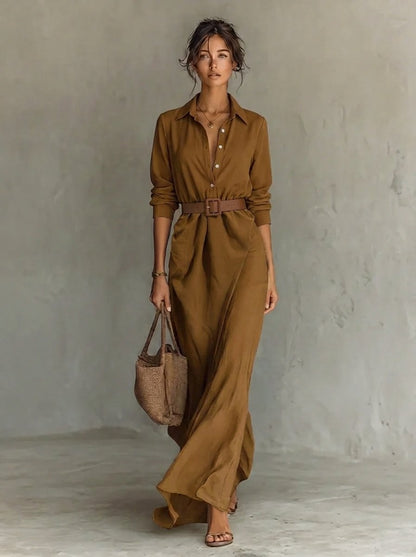 Lavisa - Belted Shirt Collar Maxi Dress