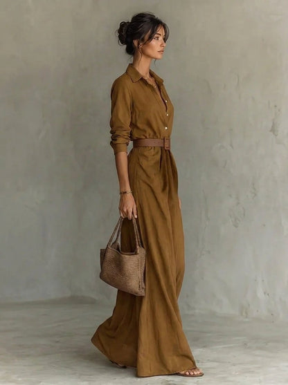 Lavisa - Belted Shirt Collar Maxi Dress