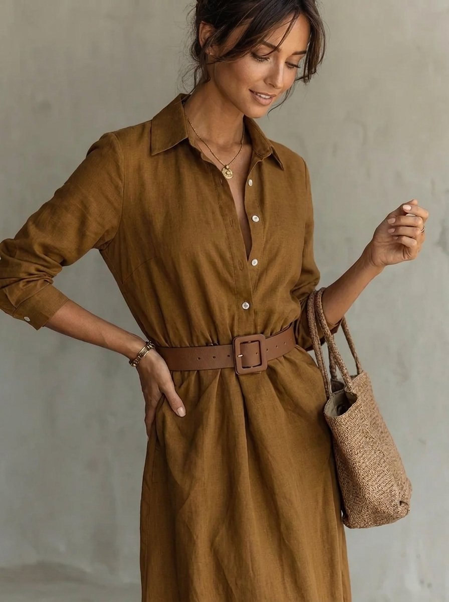 Lavisa - Belted Shirt Collar Maxi Dress
