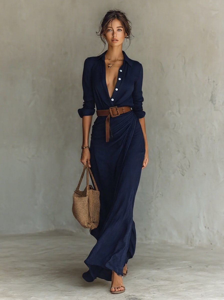 Lavisa - Belted Shirt Collar Maxi Dress