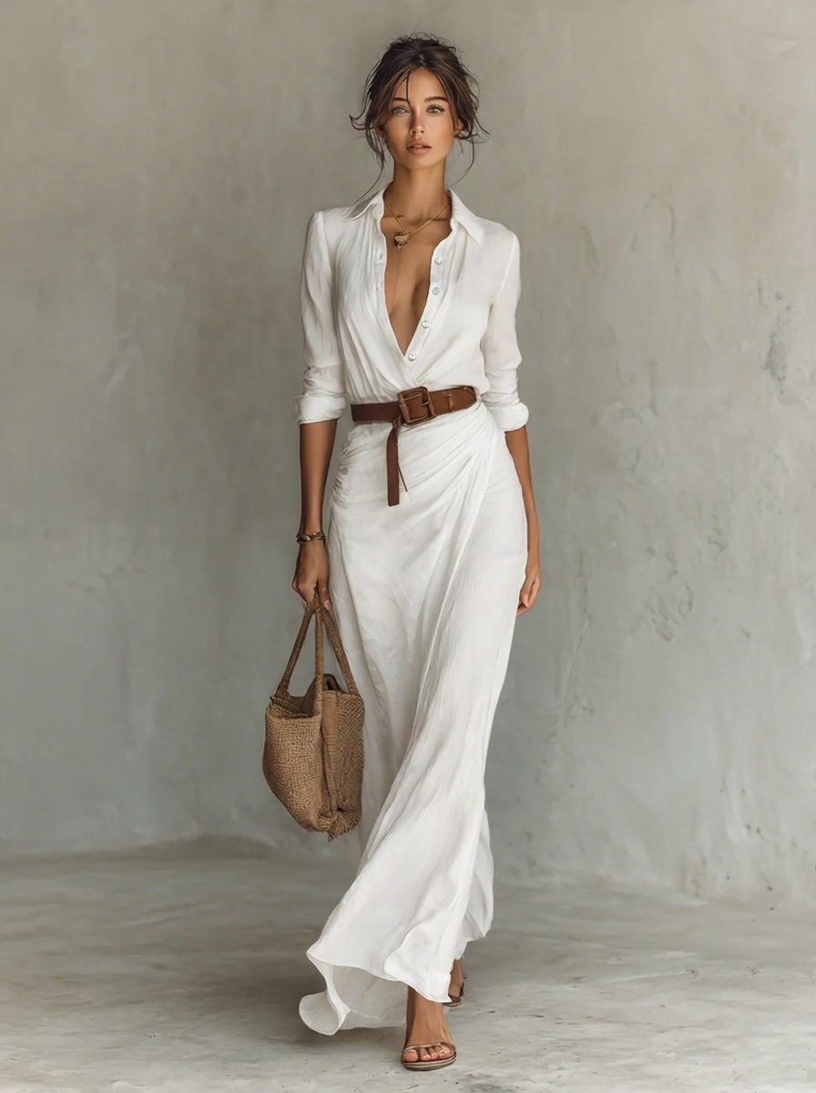 Lavisa - Belted Shirt Collar Maxi Dress