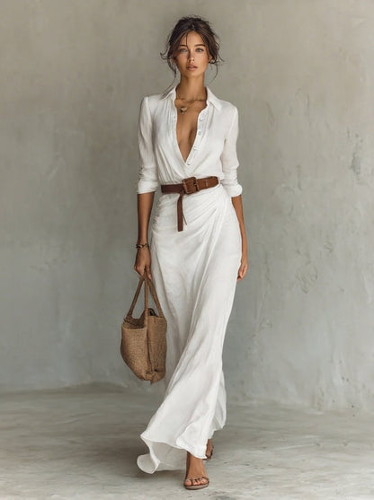 Lavisa - Belted Shirt Collar Maxi Dress