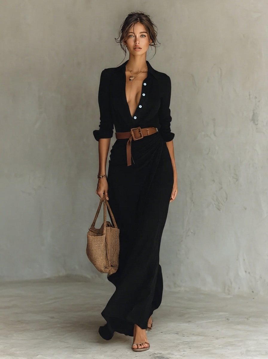 Lavisa - Belted Shirt Collar Maxi Dress
