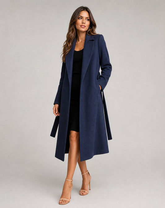 Lavisa - Women's Belted Wool-Blend Long-Line Trench Coat Lapel Overcoat