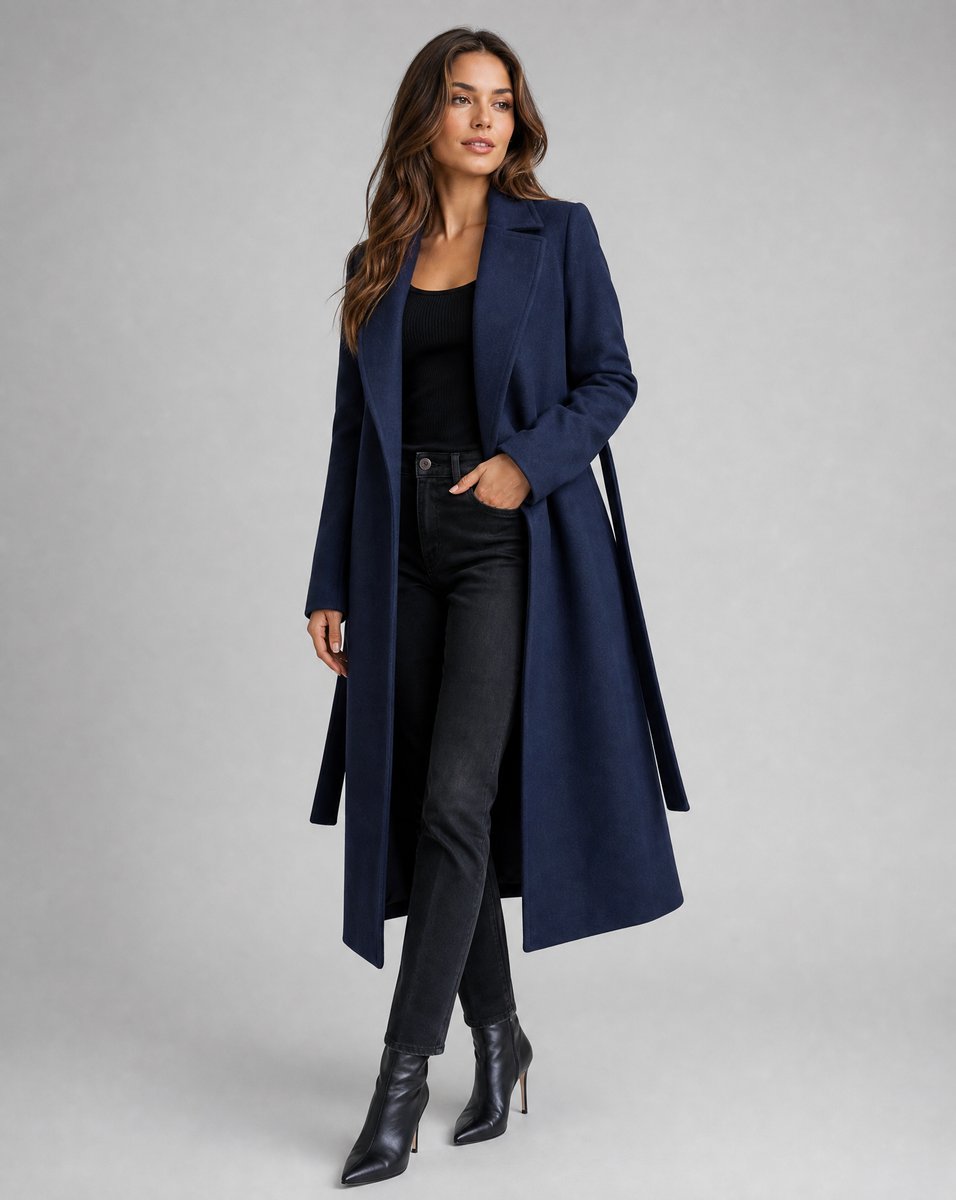 Women's Belted Wool-Blend Long-Line Trench Coat Lapel Overcoat - Side Angle | Lavisa