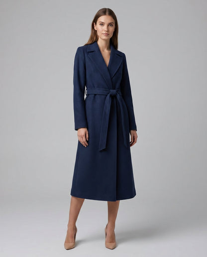 Women's Belted Wool-Blend Long-Line Trench Coat Lapel Overcoat - Back View | Lavisa