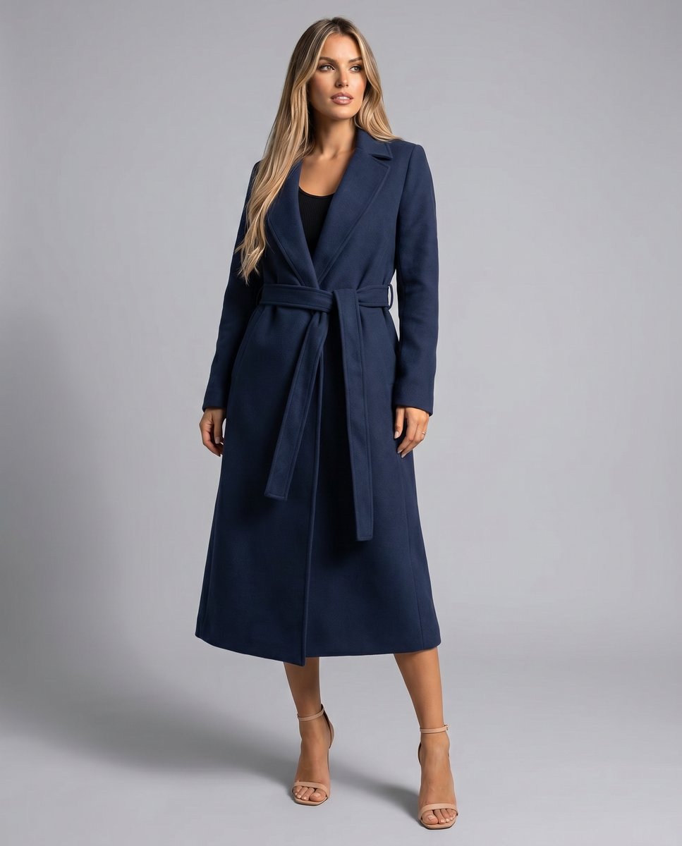 Women's Belted Wool-Blend Long-Line Trench Coat Lapel Overcoat - Close-Up Texture & Detail | Lavisa