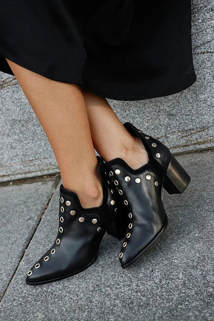 Women's Black Studded Block-Heel Pointed-Toe Ankle Boots - Front View | Lavisa