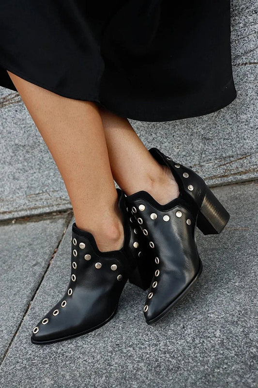Lavisa - Women's Black Studded Block-Heel Pointed-Toe Ankle Boots
