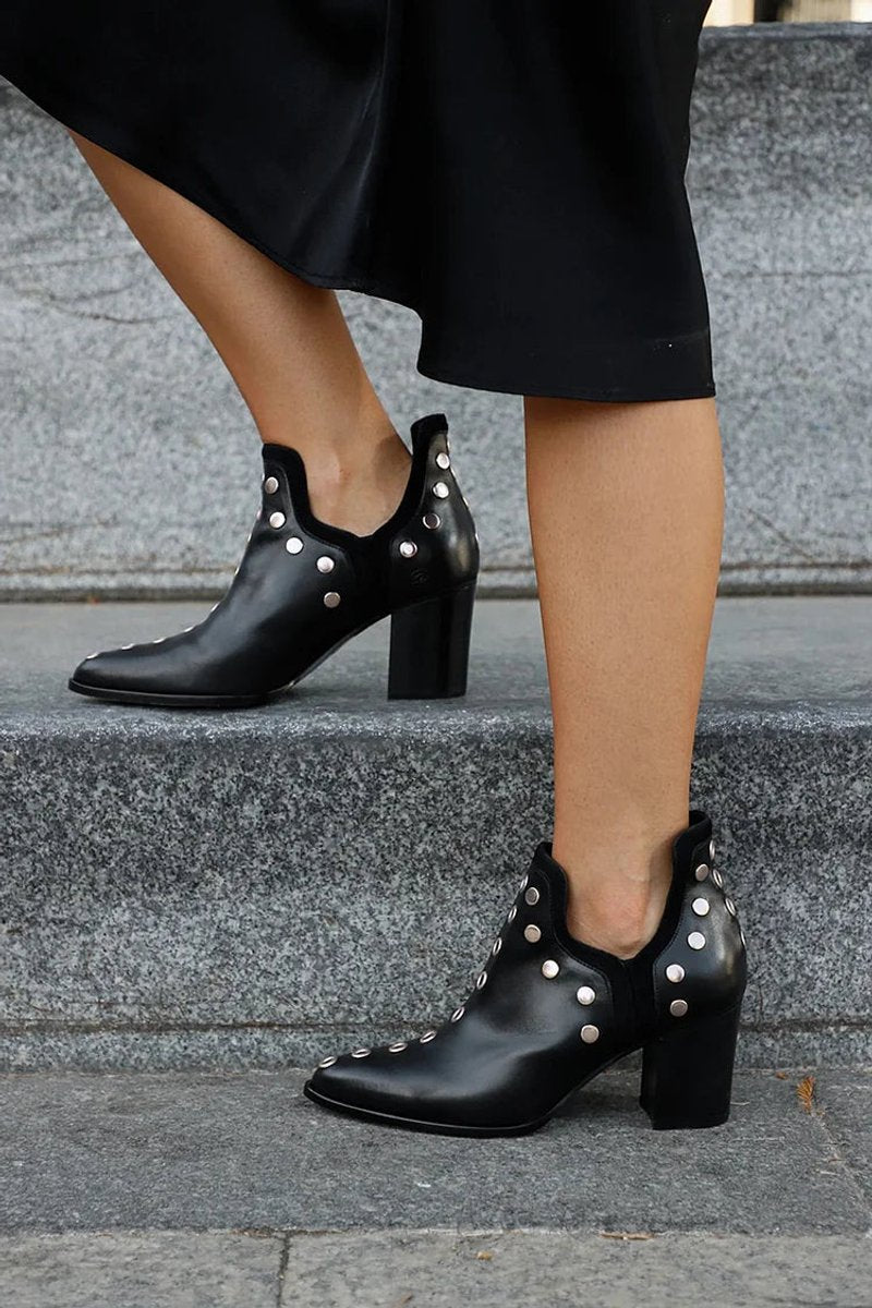 Women's Black Studded Block-Heel Pointed-Toe Ankle Boots - Side Angle | Lavisa