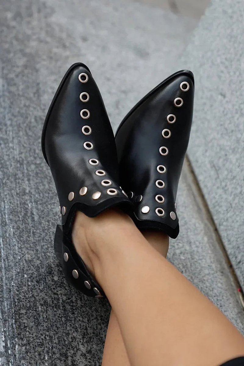 Women's Black Studded Block-Heel Pointed-Toe Ankle Boots - Back View | Lavisa