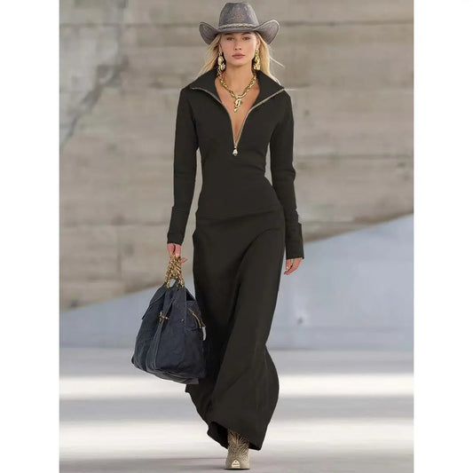 Lavisa - Zip Neck Maxi Long Sleeve Dress