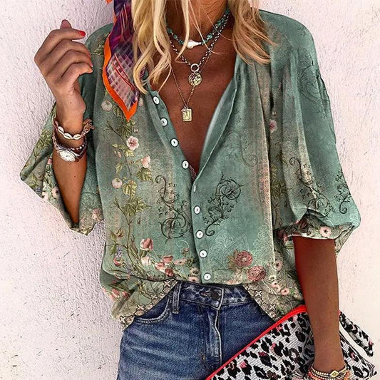 Lavisa - Women's Bohemian Floral Blouse V-Neck Long Sleeve Button Down