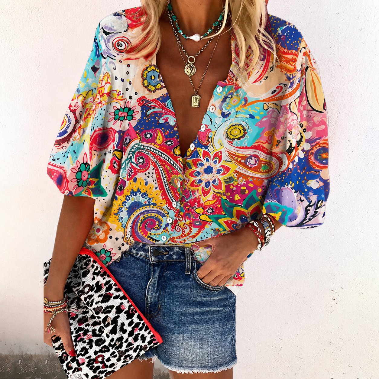 Lavisa - Women's Bohemian Floral Blouse V-Neck Long Sleeve Button Down