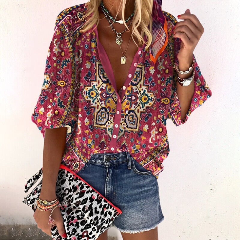 Lavisa - Women's Bohemian Floral Blouse V-Neck Long Sleeve Button Down