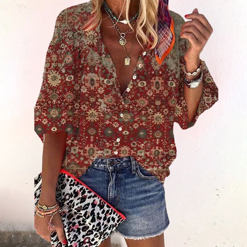 Lavisa - Women's Bohemian Floral Blouse V-Neck Long Sleeve Button Down