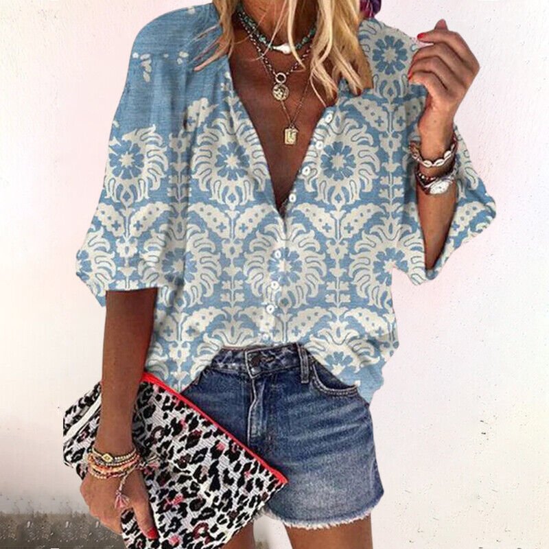 Lavisa - Women's Bohemian Floral Blouse V-Neck Long Sleeve Button Down