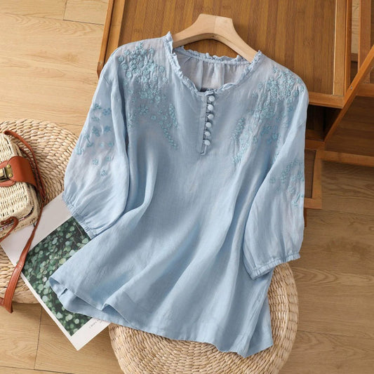 Lavisa - Women's Bohemian Floral Embroidered Ruffle-Neck Puff-Sleeve Blouse