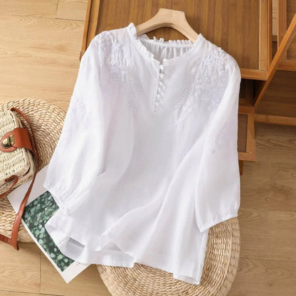 Women's Bohemian Floral Embroidered Ruffle-Neck Puff-Sleeve Blouse - Side Angle | Lavisa