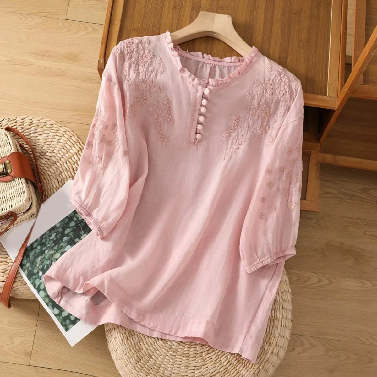 Women's Bohemian Floral Embroidered Ruffle-Neck Puff-Sleeve Blouse - Back View | Lavisa