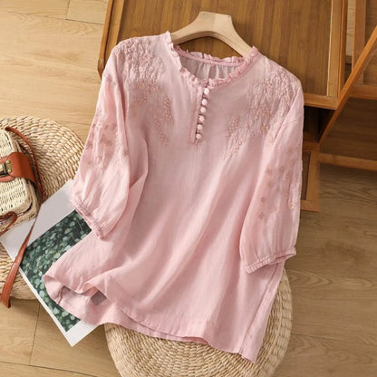Women's Bohemian Floral Embroidered Ruffle-Neck Puff-Sleeve Blouse - Back View | Lavisa