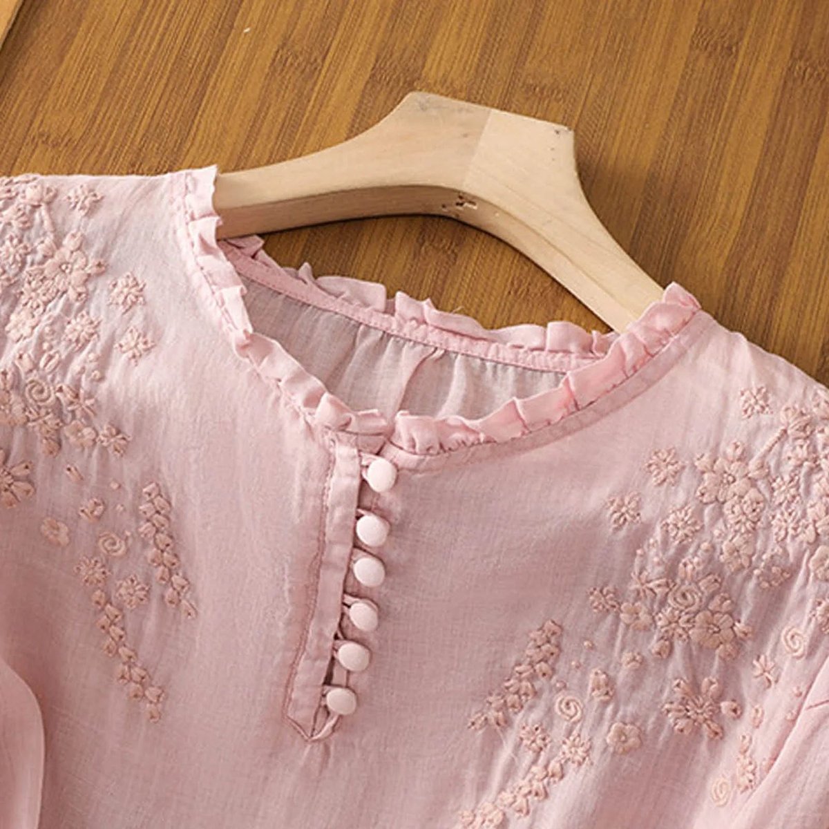 Women's Bohemian Floral Embroidered Ruffle-Neck Puff-Sleeve Blouse - Close-Up Texture & Detail | Lavisa