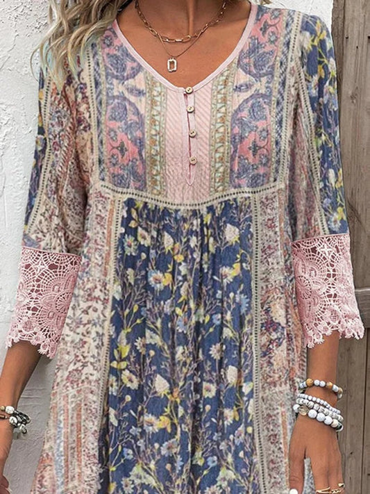 Lavisa - Women's Bohemian Floral Lace-Trim Three-Quarter Sleeve Tunic Dress
