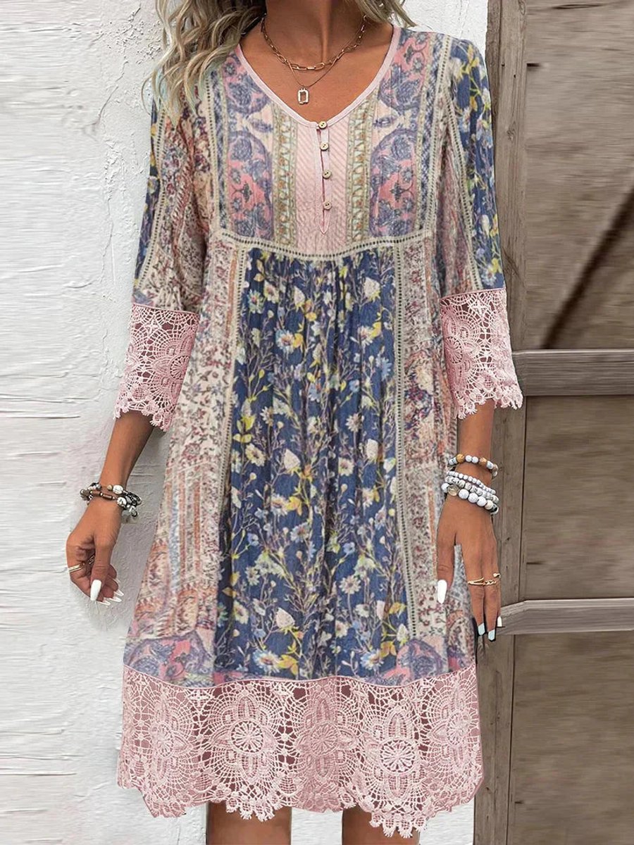 Women's Bohemian Floral Lace-Trim Three-Quarter Sleeve Tunic Dress - Side Angle | Lavisa